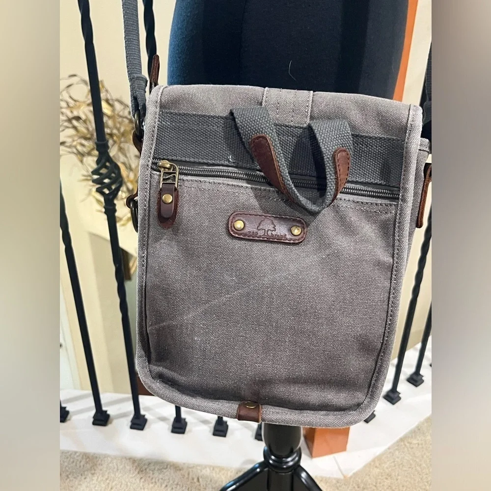 TDS BRAND VALLEY TRAIL Gray Crossbody CANVAS Bag with Brown LEATHER Accents: